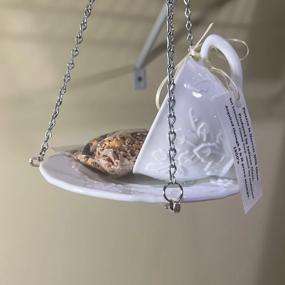 Cup and saucer bird feeder, created from vintage glassware
